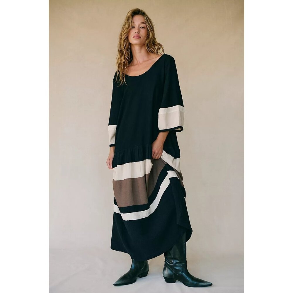 Free People Free-est Manda Black Combo Linen Blend Scoop Back Midi Dress XSmall
